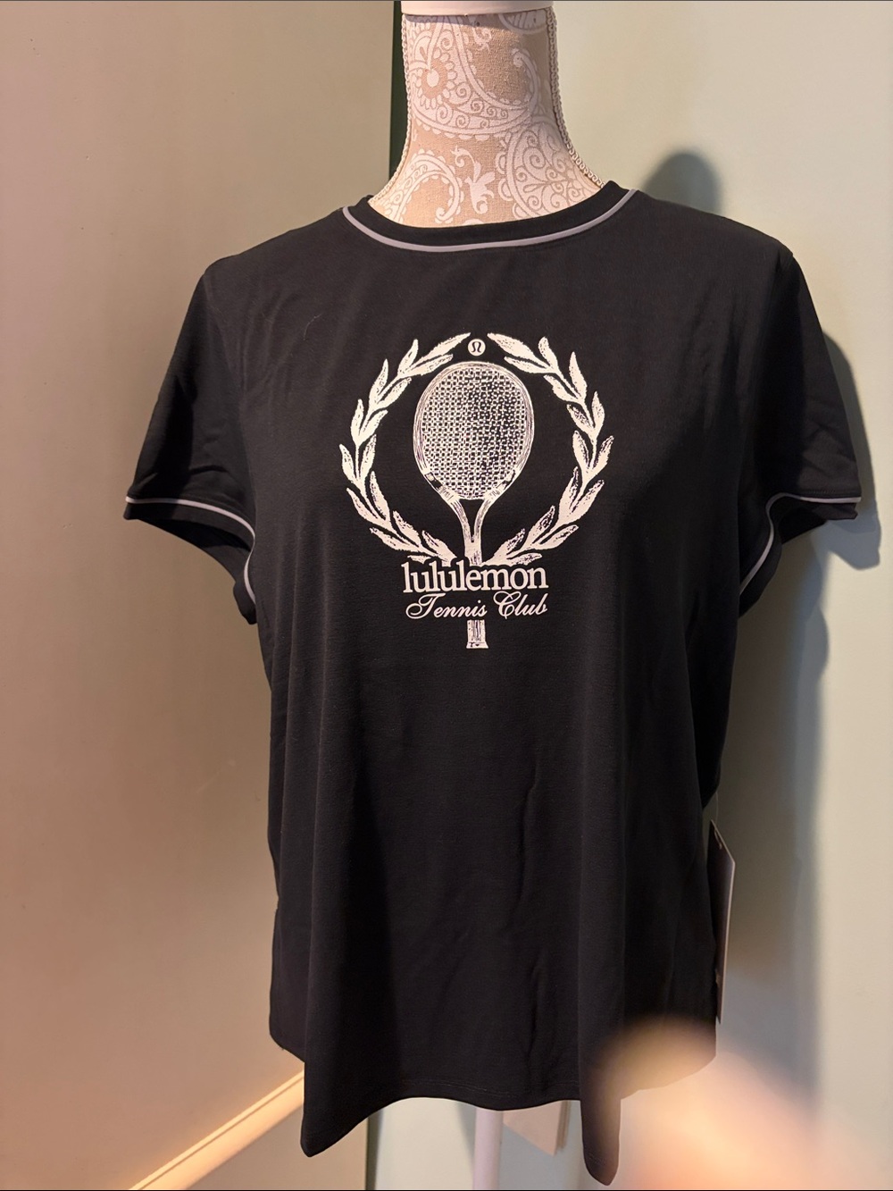 lululemon athletica Black Tee with White Tennis Crest Graphic Tee